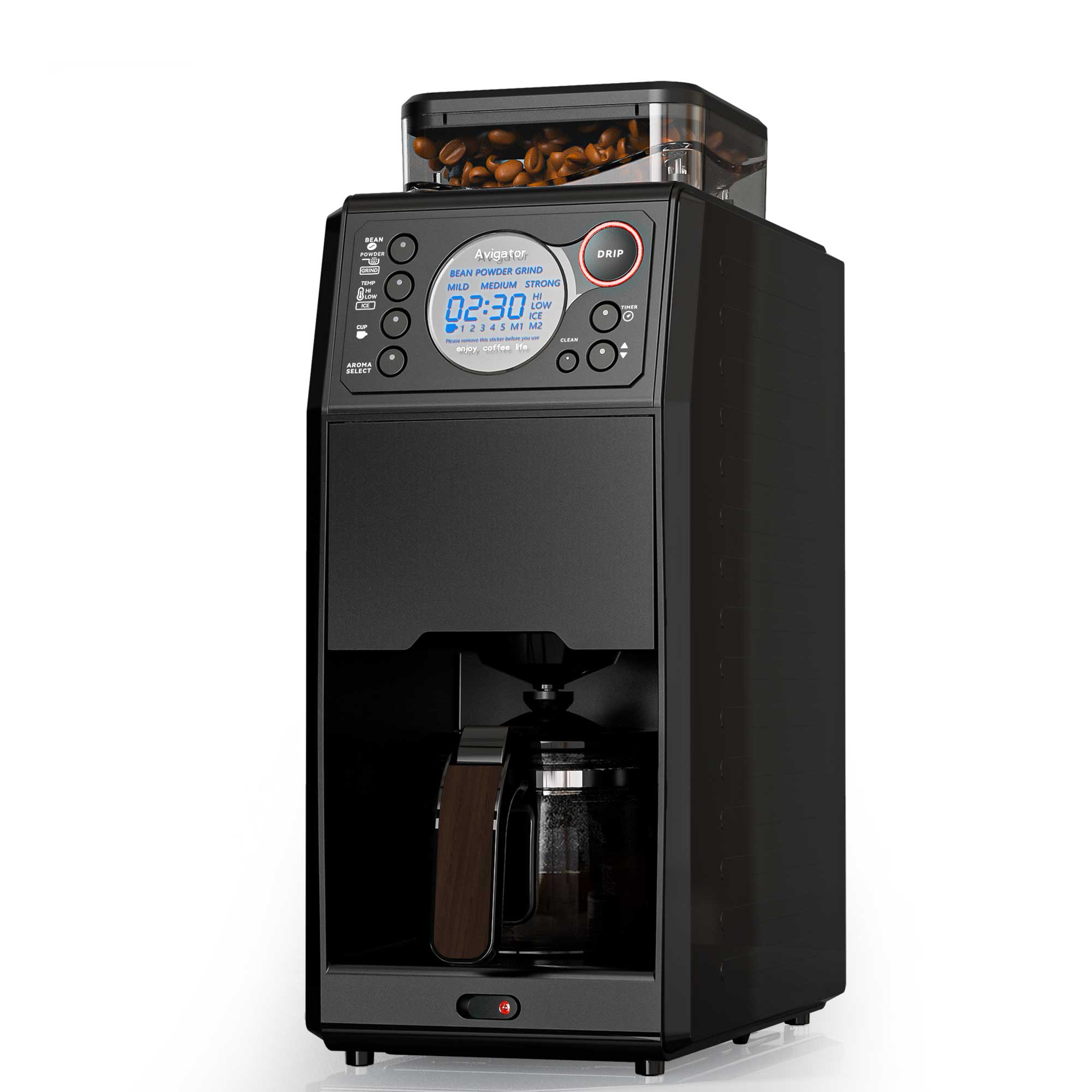 Avigator Coffee Maker with Grinder, 24H Timer Programmable 5 Cup Hot and Iced Coffee Machine Features Removable Reservoir Glass Carafe for Home and Office, Black