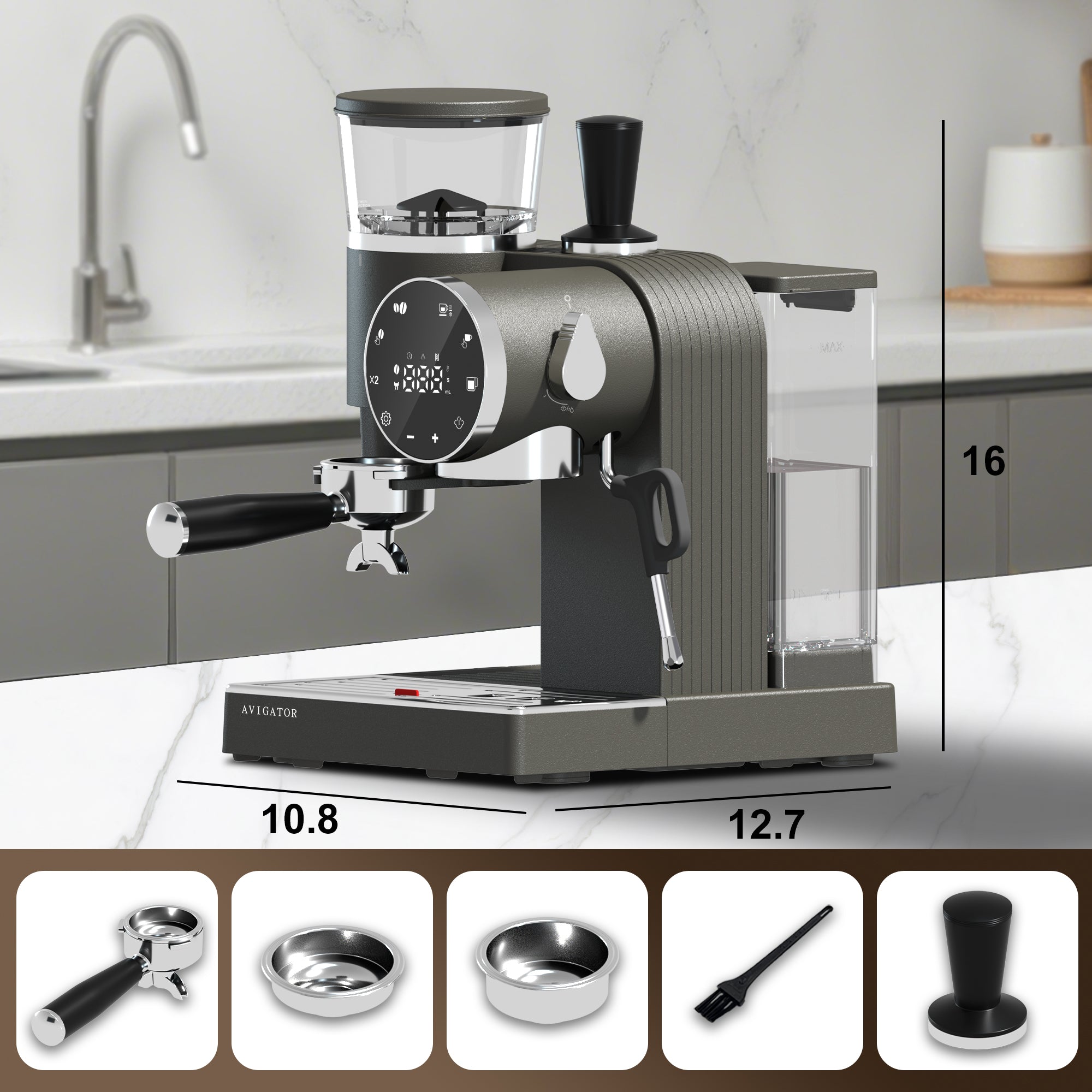 Avigator 20 Bar Espresso Machine with Milk Frother, Programmable Expresso Coffee Machines with Adjustable Grinder Built in & 53 oz. Removable Water Tank for Espresso, Americano, Cappuccino and Latte