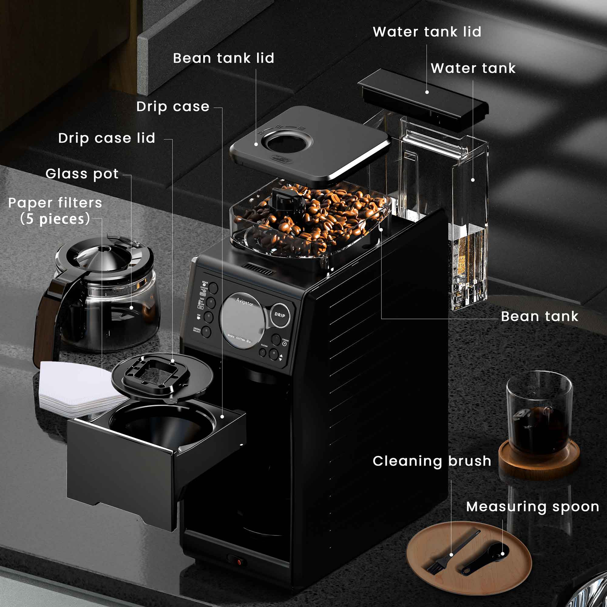 Avigator Coffee Maker with Grinder, 24H Timer Programmable 5 Cup Hot and Iced Coffee Machine Features Removable Reservoir Glass Carafe for Home and Office, Black