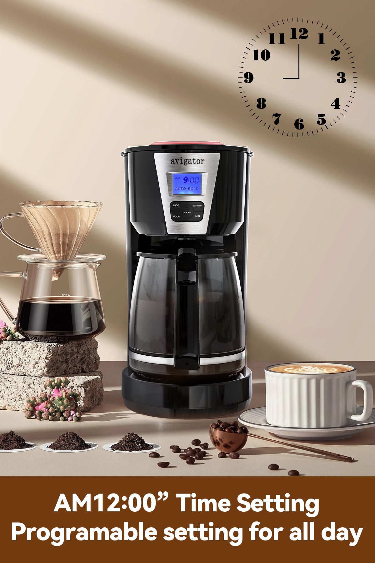 Avigator 12 Cup Coffee Maker with Programmable LCD & Built-In Warming Plate, Drip Coffee Machine for Large Households, Offices, or Restaurants