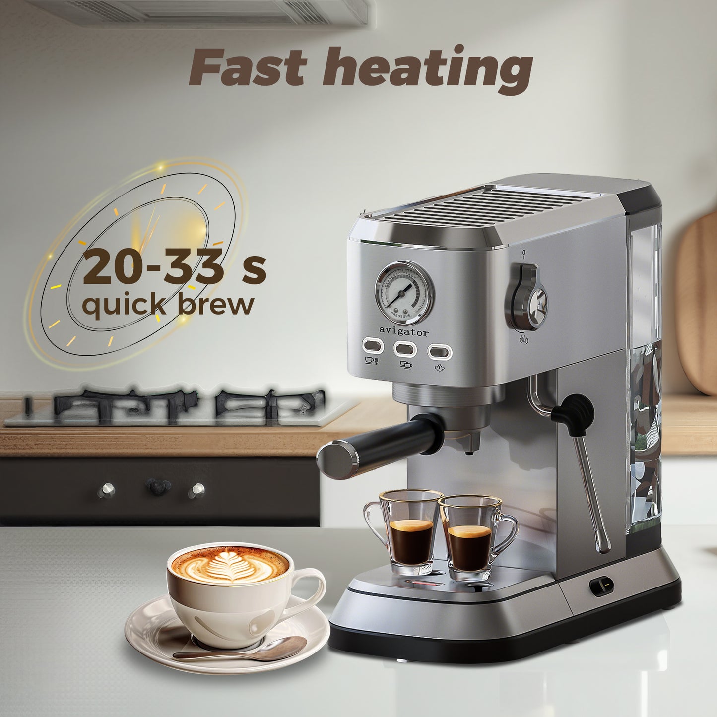 Avigator Coffee Espresso Machine 20 Bar, Cappuccino Coffee Makers with Milk Frother and Removable Water Tank, Stainless Steel Expresso Machines for Home