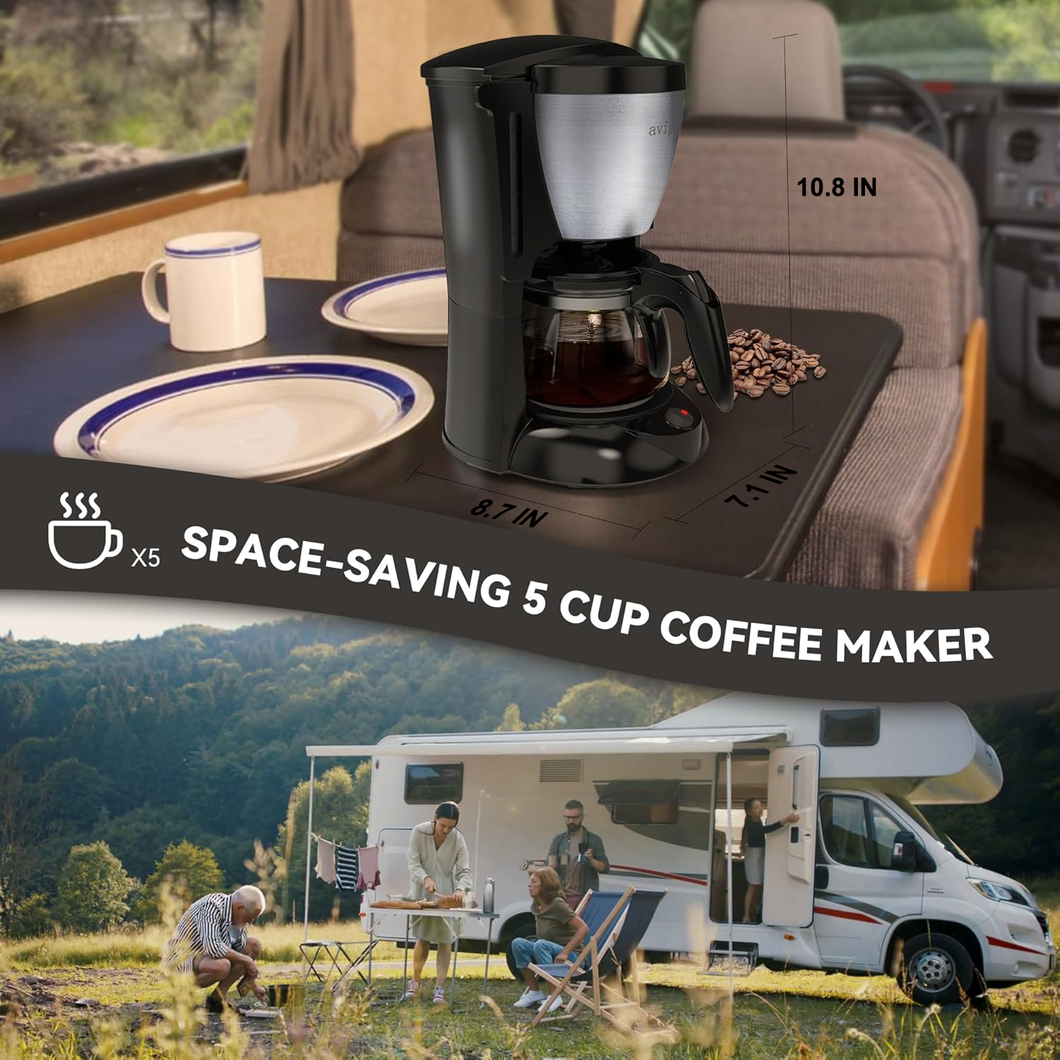 Avigator Portable Coffee Maker for Travel Camping Car, Ground Coffee Machine Single Serve with 5 Cup Glass Carafe for Traveling, RV, Office, Home and Dorm, 12V, Sliver Black