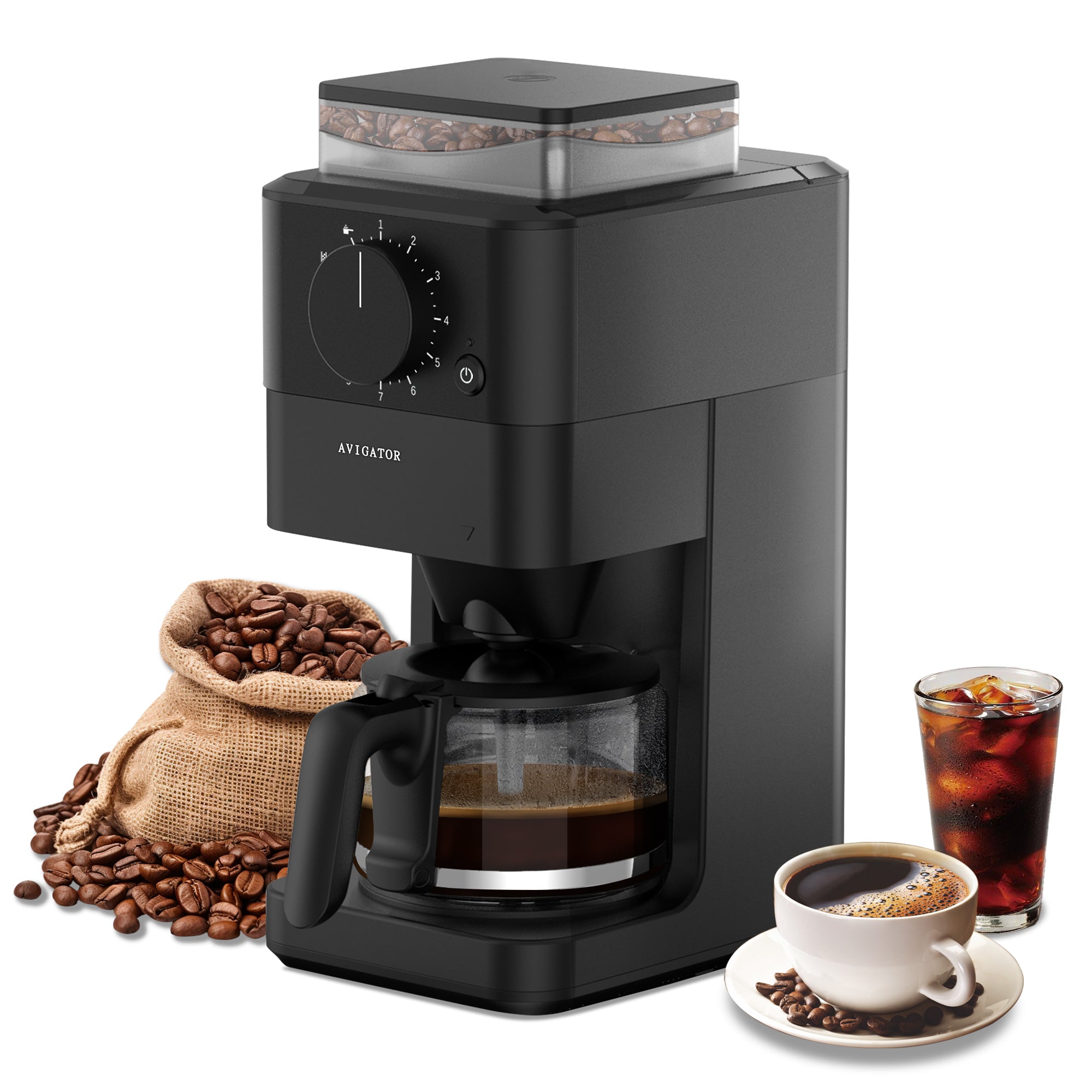 Avigator 10 Cup Coffee Maker with Grinder Built in, Automatic Grind and Brew Coffee Machine with Glass carafe, Reusable Filter, Auto shut off, Warming plate, for Home Offices or Large Families, Black