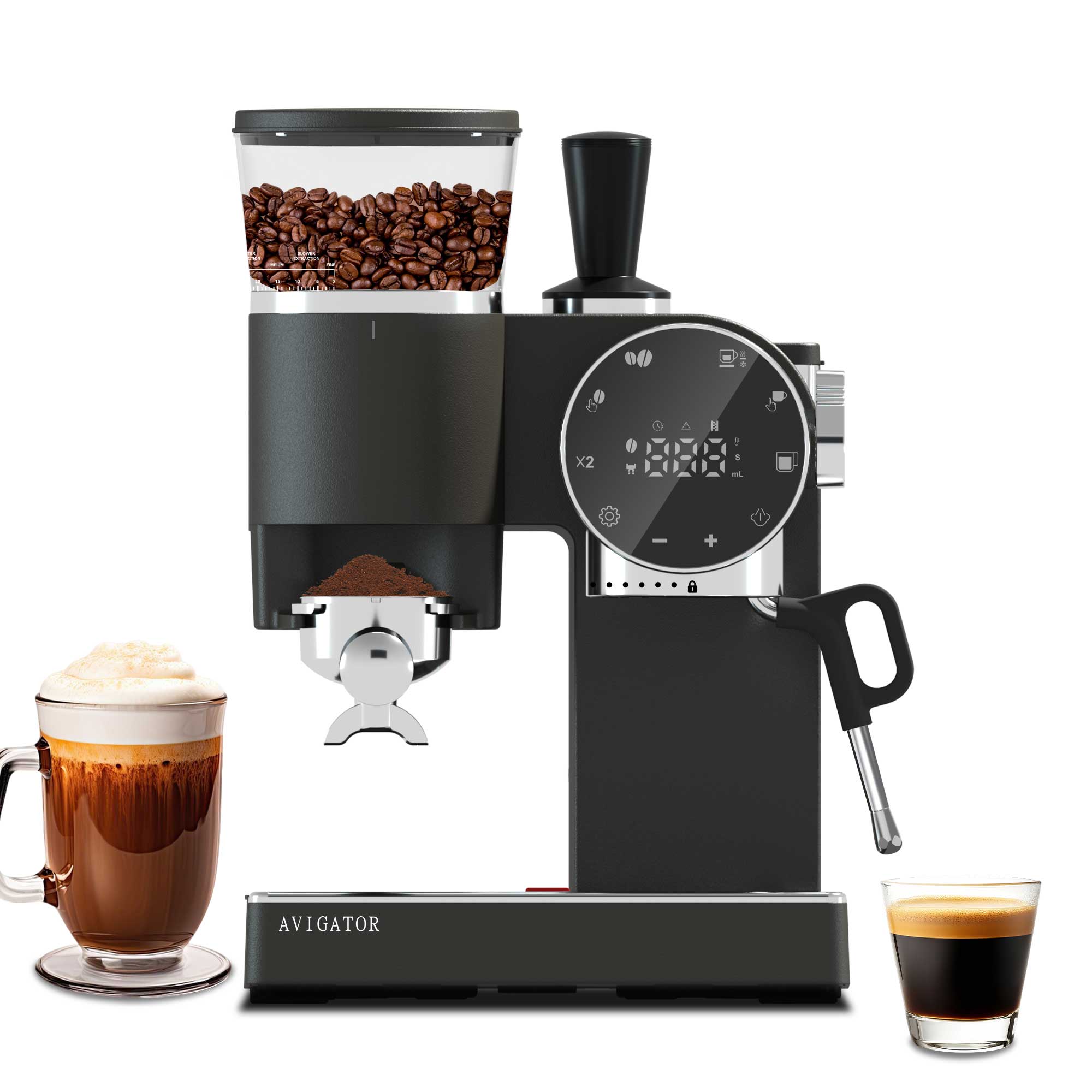 Avigator 20 Bar Espresso Machine with Milk Frother, Programmable Expresso Coffee Machines with Adjustable Grinder Built in & 53 oz. Removable Water Tank for Espresso, Americano, Cappuccino and Latte