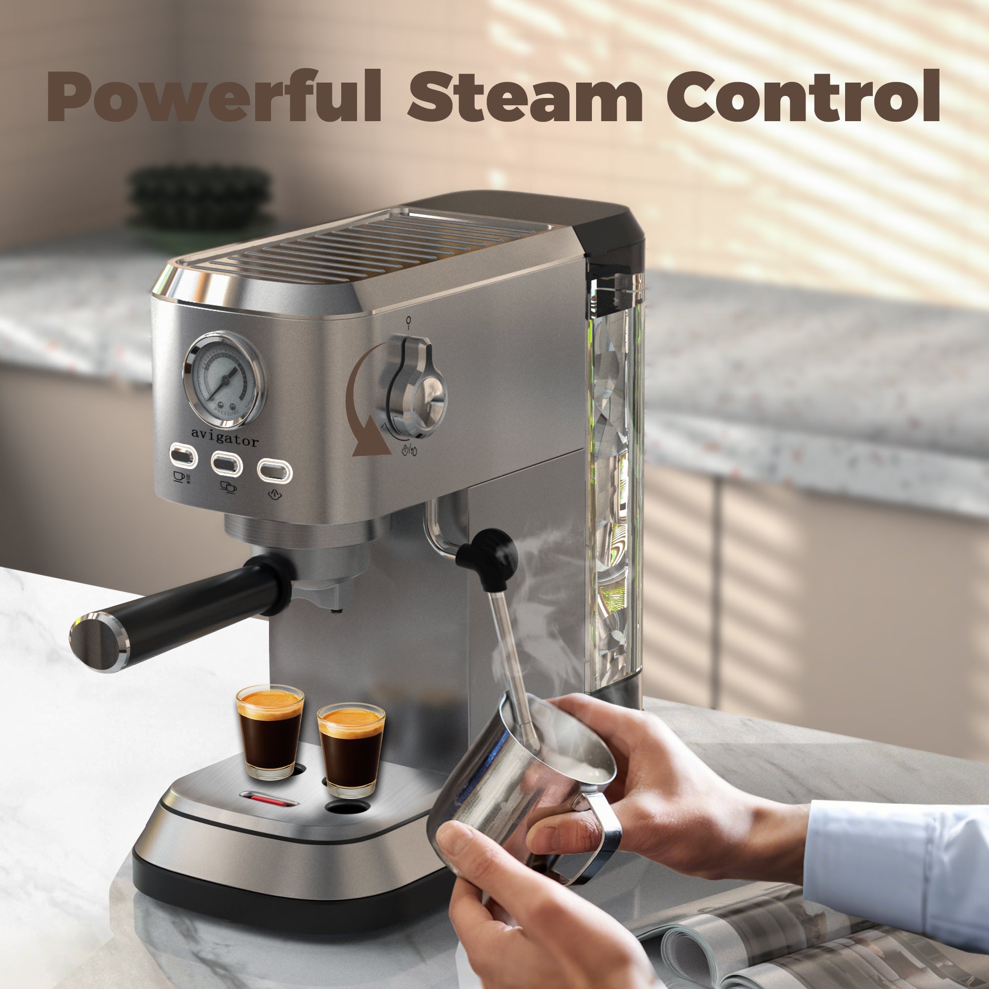 Avigator Coffee Espresso Machine 20 Bar, Cappuccino Coffee Makers with Milk Frother and Removable Water Tank, Stainless Steel Expresso Machines for Home