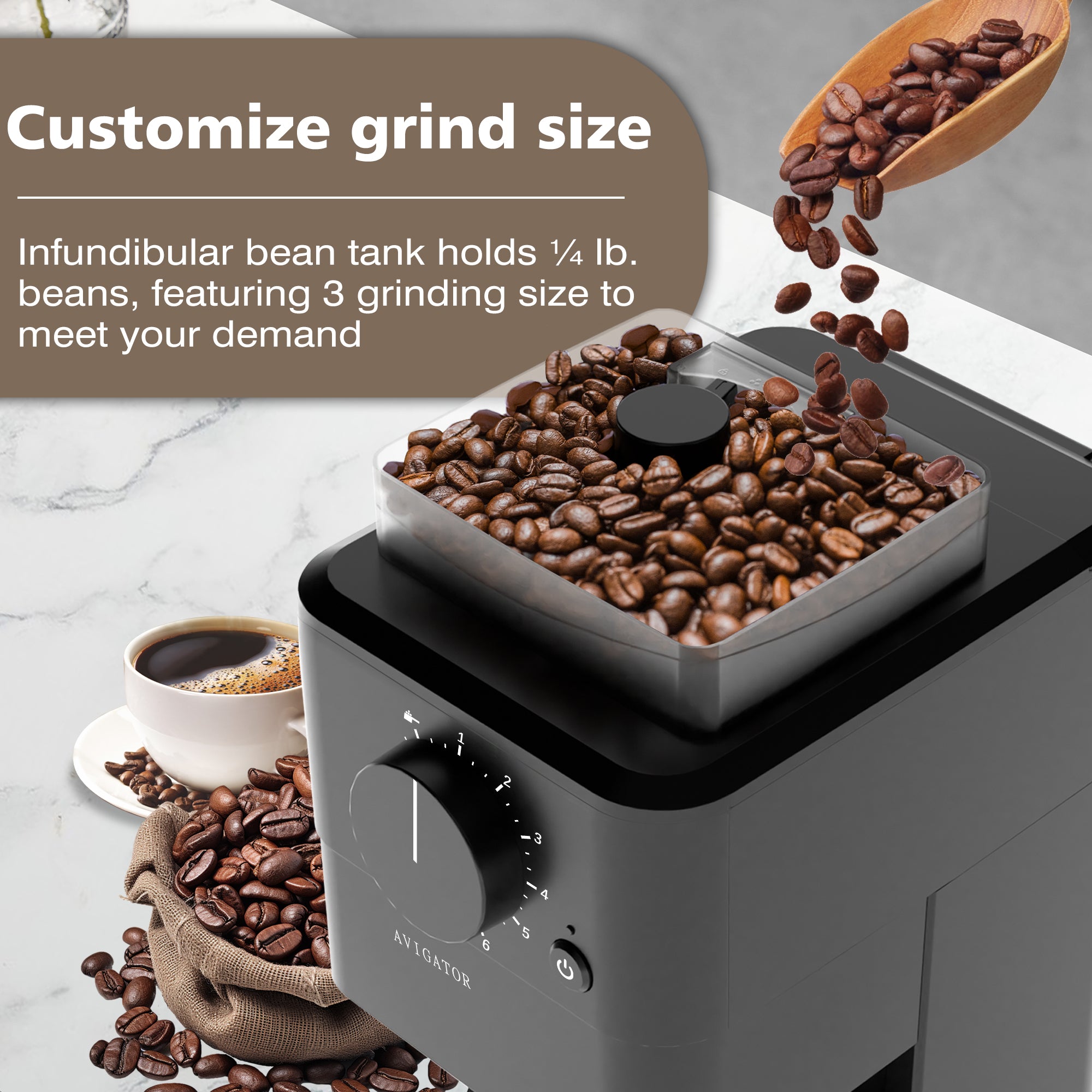 Avigator 10 Cup Coffee Maker with Grinder Built in, Automatic Grind and Brew Coffee Machine with Glass carafe, Reusable Filter, Auto shut off, Warming plate, for Home Offices or Large Families, Black