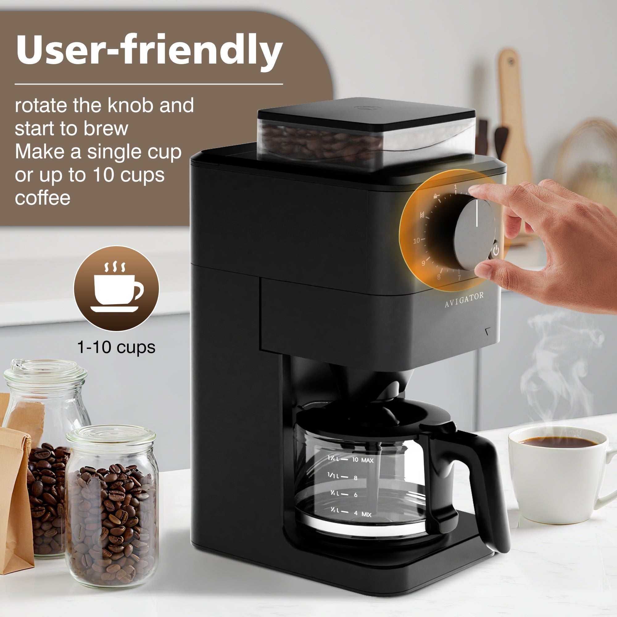 Avigator 10 Cup Coffee Maker with Grinder Built in, Automatic Grind and Brew Coffee Machine with Glass carafe, Reusable Filter, Auto shut off, Warming plate, for Home Offices or Large Families, Black