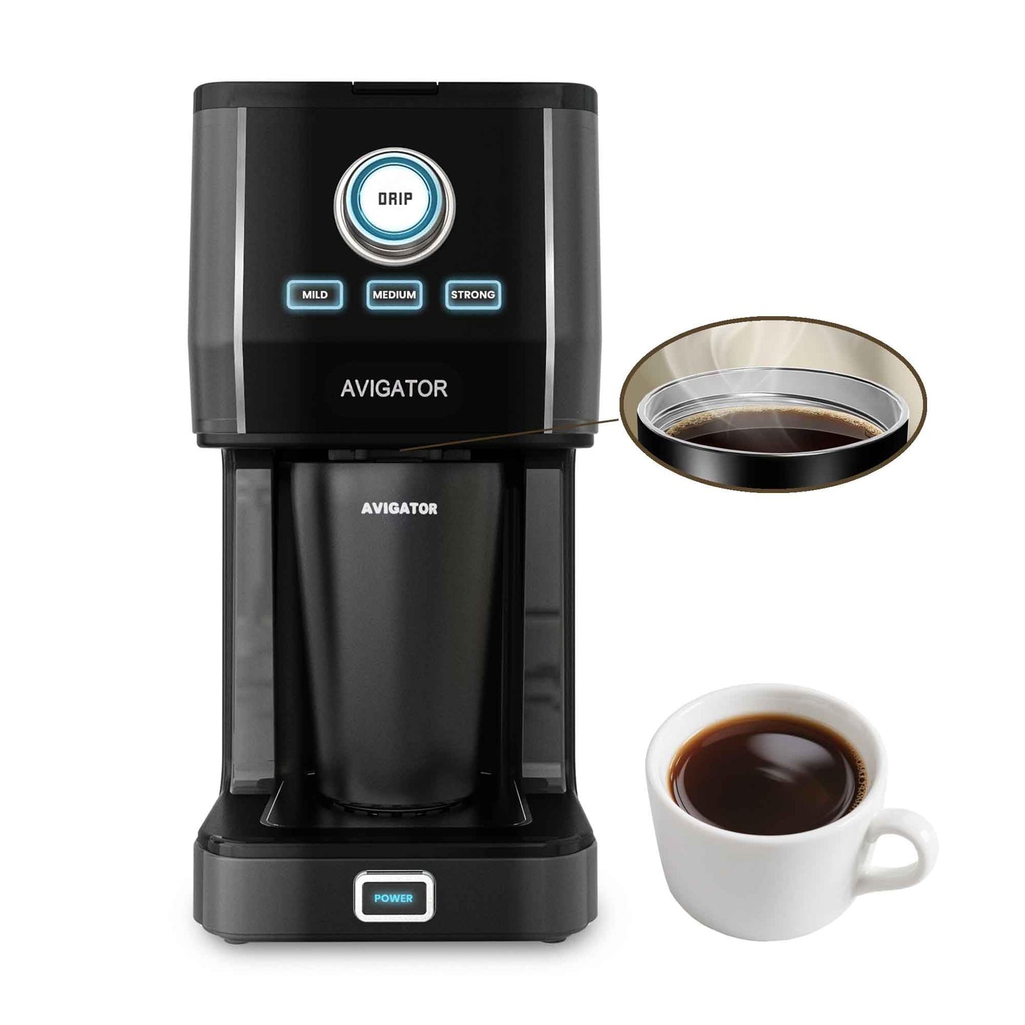 Avigator Single Cup Drip Coffee Maker, Single-serve Coffee Machine Brewers with 11oz. Travel Mug and Reusable Filter, Black
