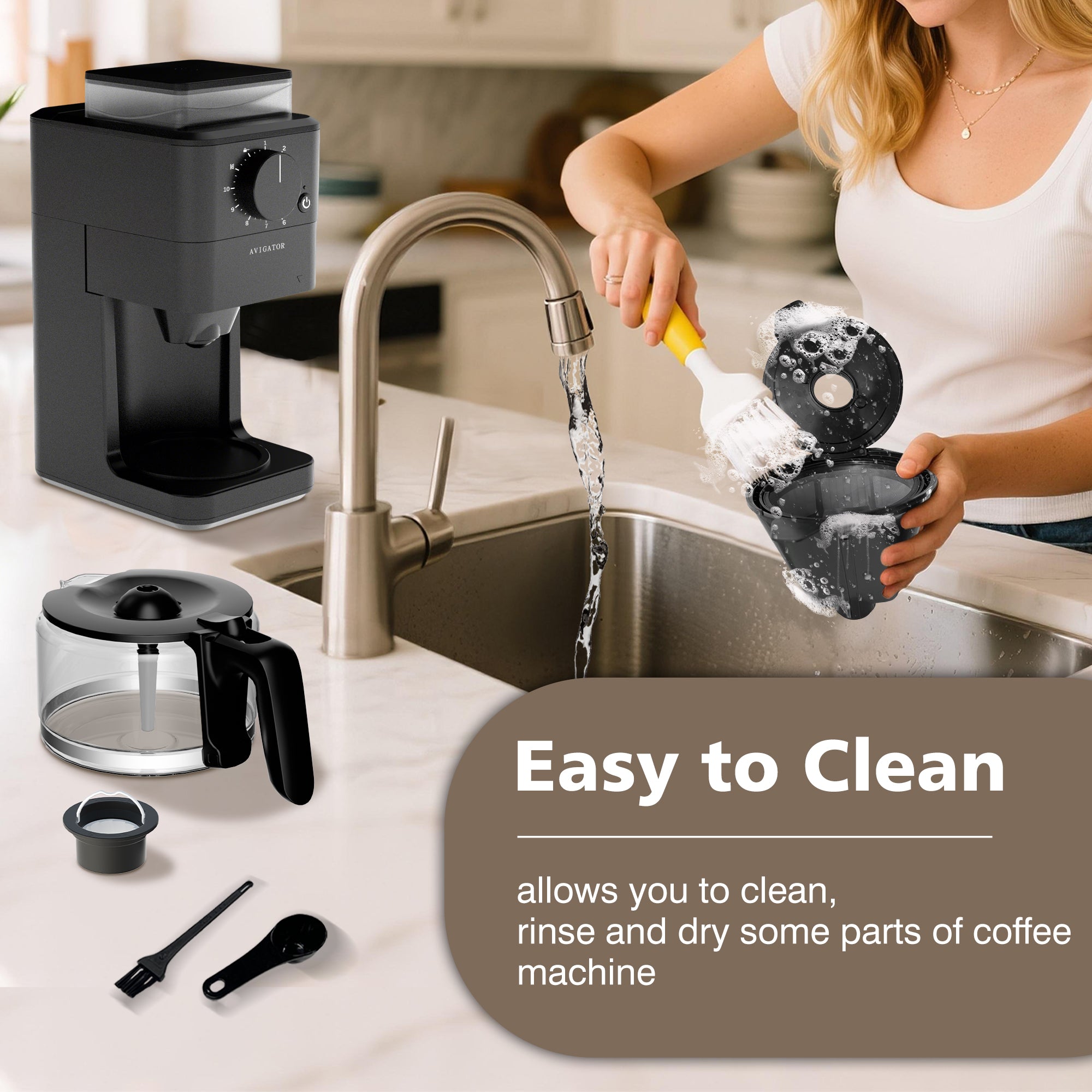 Avigator 10 Cup Coffee Maker with Grinder Built in, Automatic Grind and Brew Coffee Machine with Glass carafe, Reusable Filter, Auto shut off, Warming plate, for Home Offices or Large Families, Black