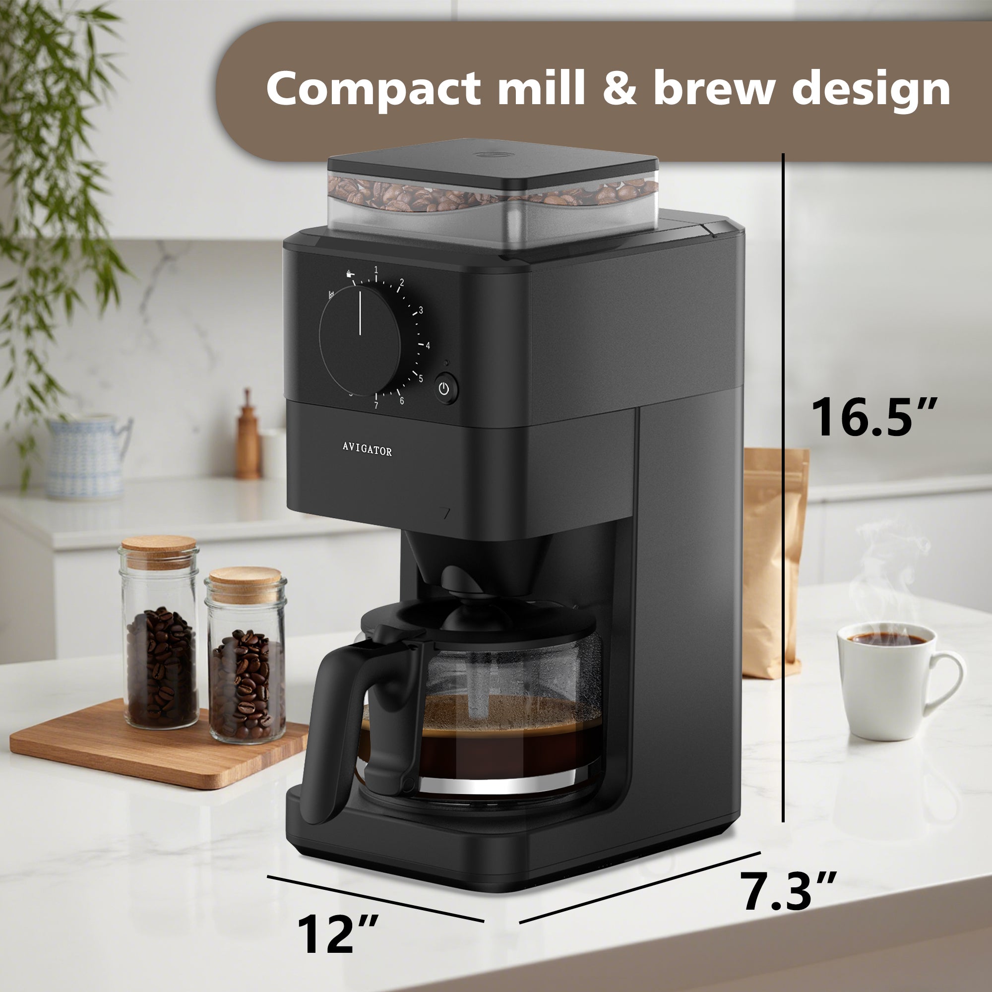 Avigator 10 Cup Coffee Maker with Grinder Built in, Automatic Grind and Brew Coffee Machine with Glass carafe, Reusable Filter, Auto shut off, Warming plate, for Home Offices or Large Families, Black
