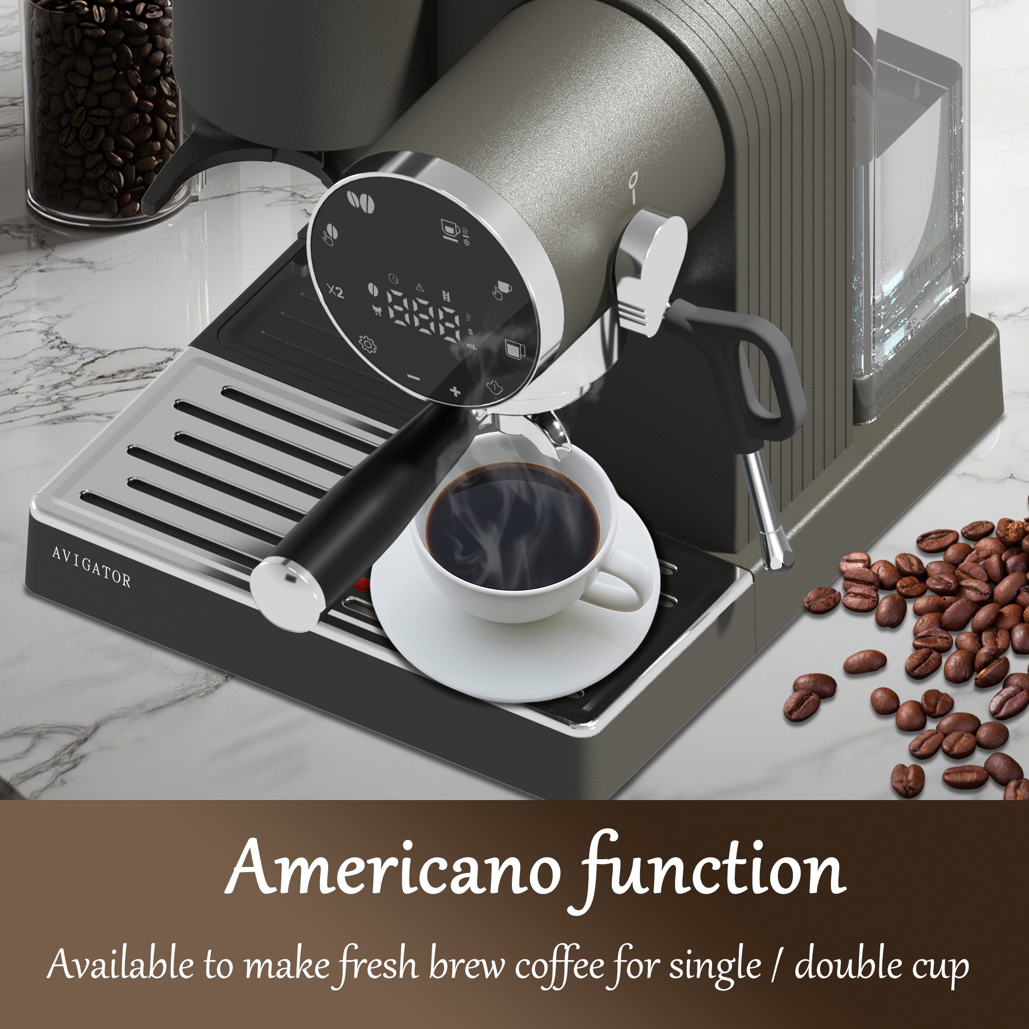 Avigator 20 Bar Espresso Machine with Milk Frother, Programmable Expresso Coffee Machines with Adjustable Grinder Built in & 53 oz. Removable Water Tank for Espresso, Americano, Cappuccino and Latte