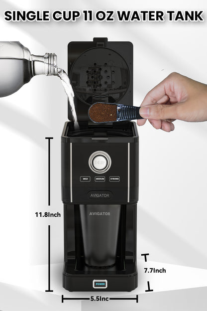 Avigator Single Cup Drip Coffee Maker, Single-serve Coffee Machine Brewers with 11oz. Travel Mug and Reusable Filter, Black