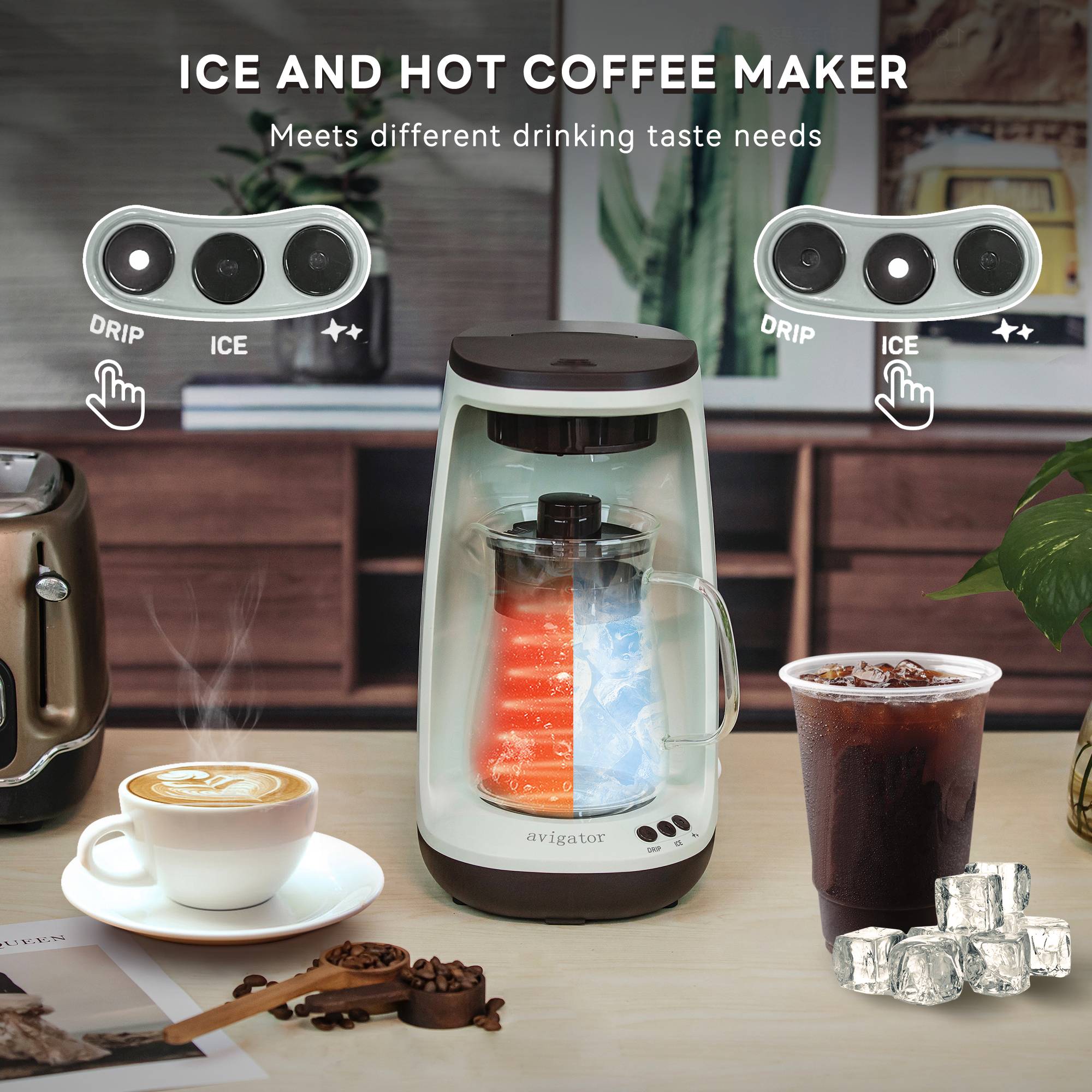 Avigator Hot and Iced Coffee Maker 4-5 Cup for Grounds, Personal Single Serve Coffee Machine with Glass Pot for Home, Office and Travel, Green