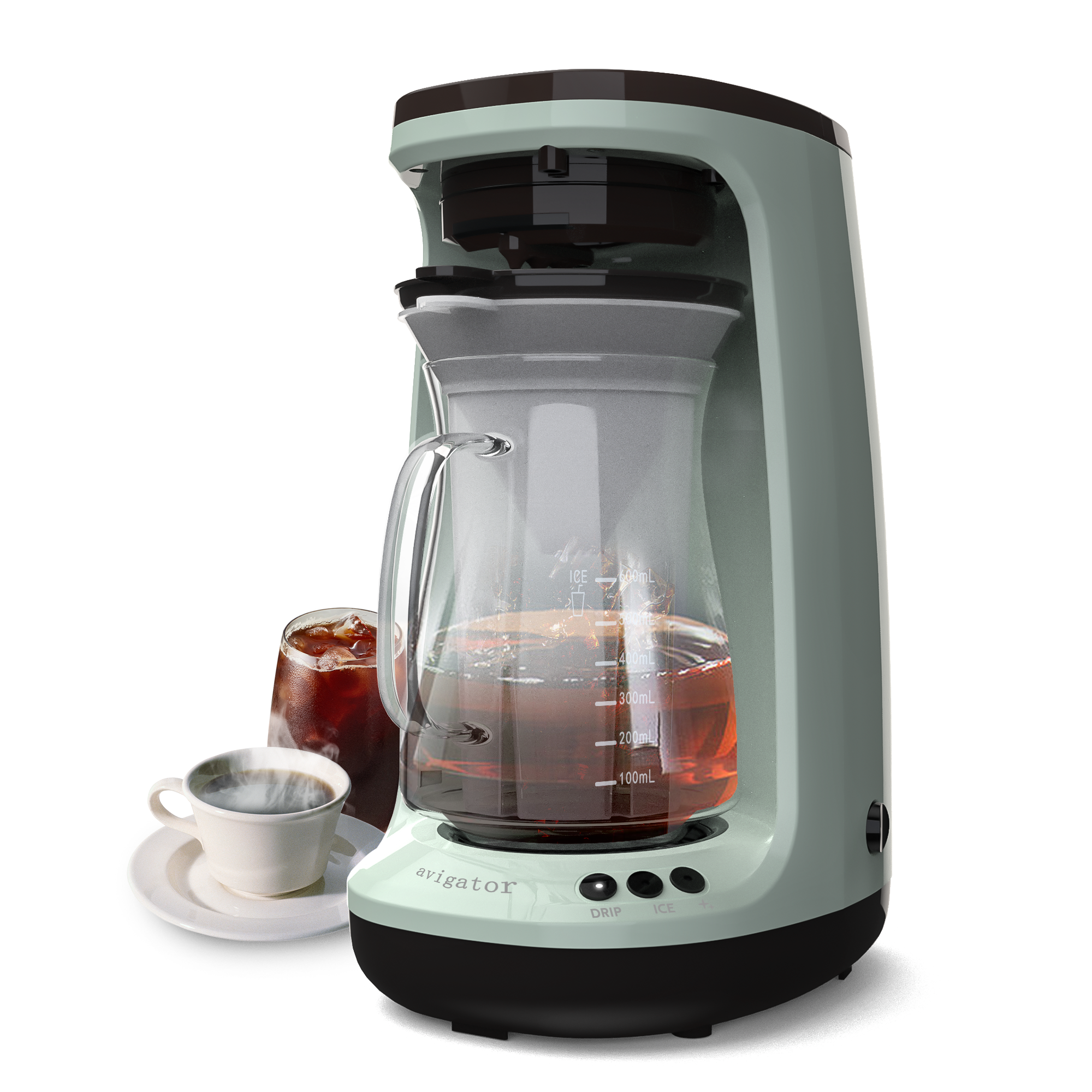Avigator Hot and Iced Coffee Maker 4-5 Cup for Grounds, Personal Single Serve Coffee Machine with Glass Pot for Home, Office and Travel, Green