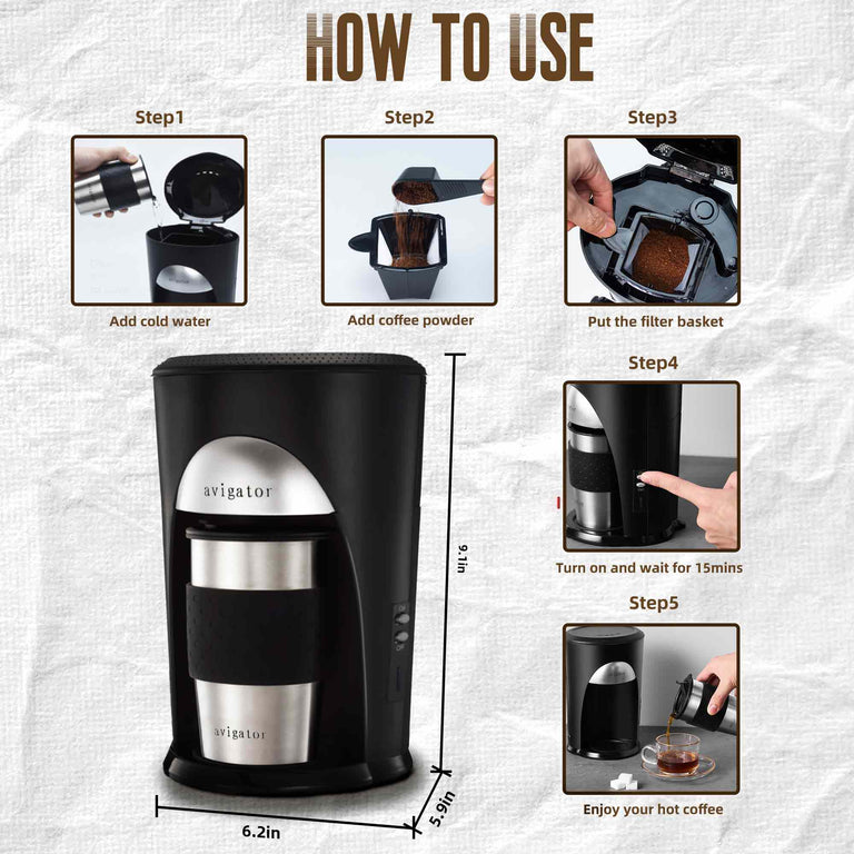 Avigator Single Cup Car Coffee Maker with Coffee Mug 12V Black